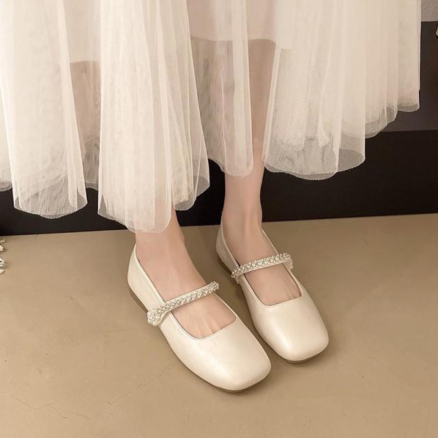 12606995.法式水钻玛丽珍鞋软底不累脚女秋季配裙子浅口平底单鞋