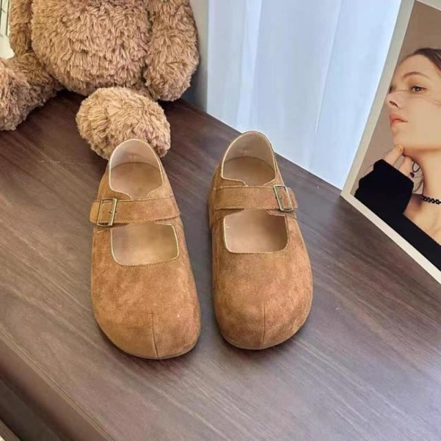 12605511.法式磨砂面复古一字带勃肯鞋女春夏圆头内软底小单鞋