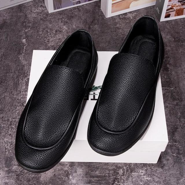 12604173.男皮面秋季软底软面商务鞋平底轻便舒适懒人黑色一脚蹬商务鞋