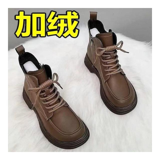 12601688.英伦风厚底加绒系带马丁靴时尚百搭棉鞋舒适短筒靴冬加厚皮靴