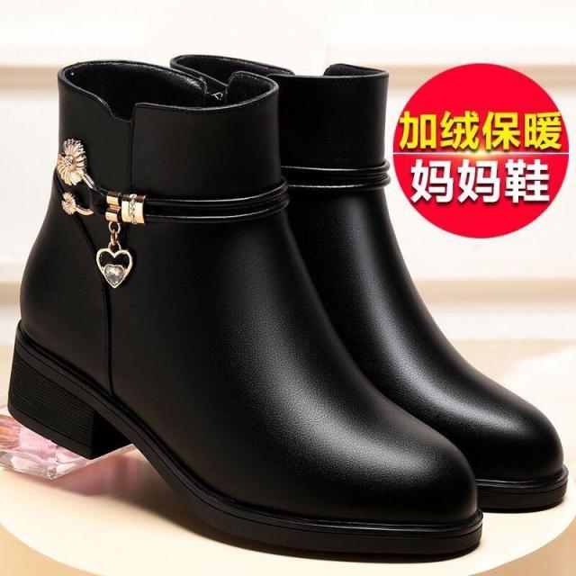12868095.真软皮妈妈鞋女士棉鞋冬季加绒短靴粗跟平底中年棉皮鞋防滑棉靴子