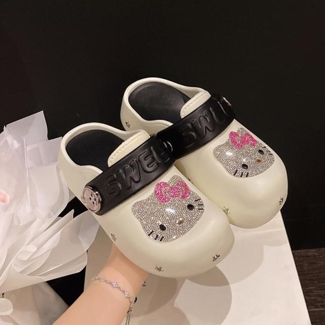 13409992.夏季水钻KT厚底包头拖鞋女小个子厚底海边沙滩凉拖鞋