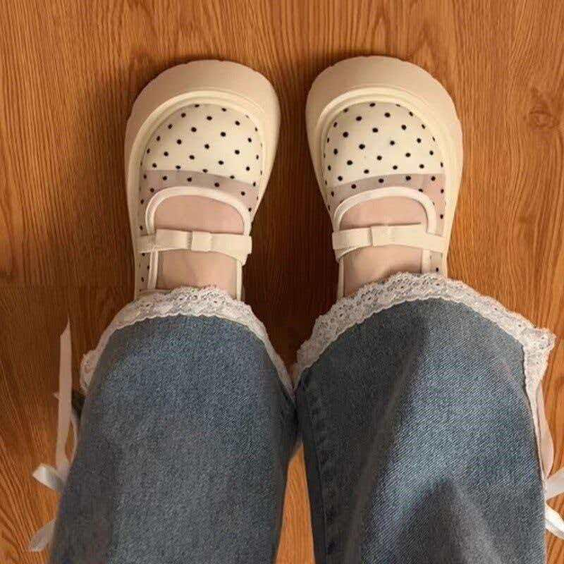 13409901.休闲包头拖鞋女夏季凉鞋外穿网纱松糕厚底一脚蹬波点凉拖