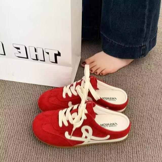 13410079.包头半拖鞋女夏外穿无后跟红色德训鞋懒人一脚蹬鞋子