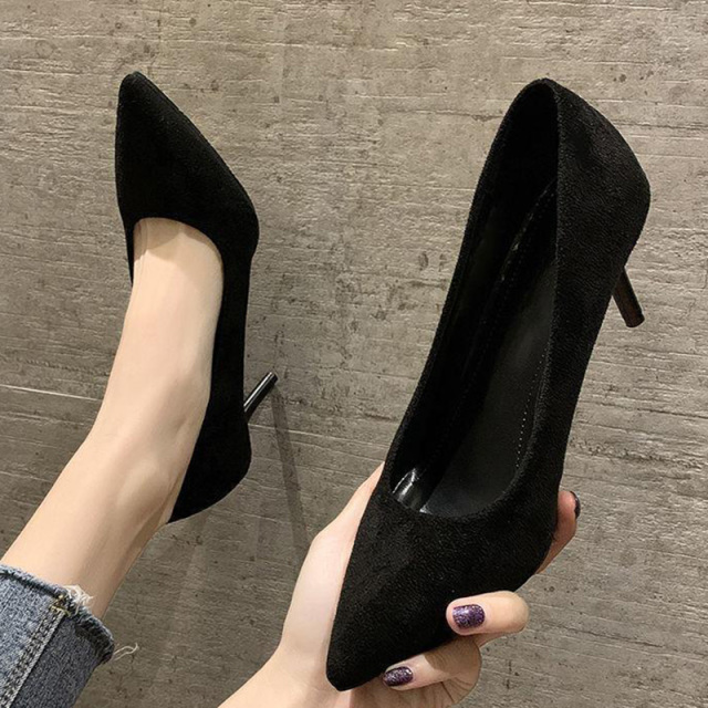 13417884.高跟鞋女春黑色细跟尖头浅口绒面职业鞋大码礼仪鞋