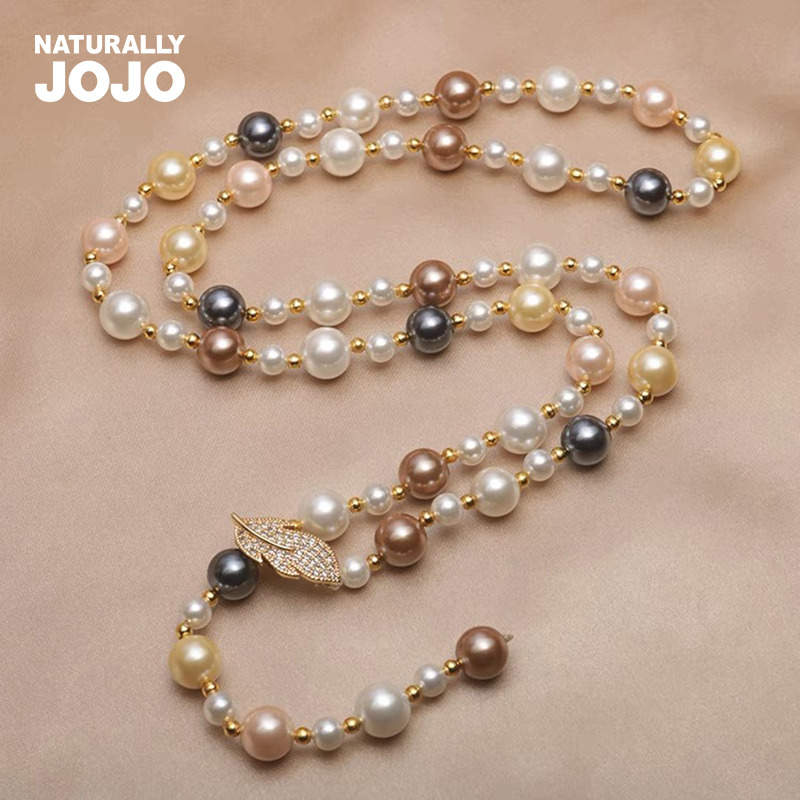 13225434.NATURALLY JOJO 气质秋冬贝壳珍珠长款叶子时尚可调节项链正圆贝珠毛衣链