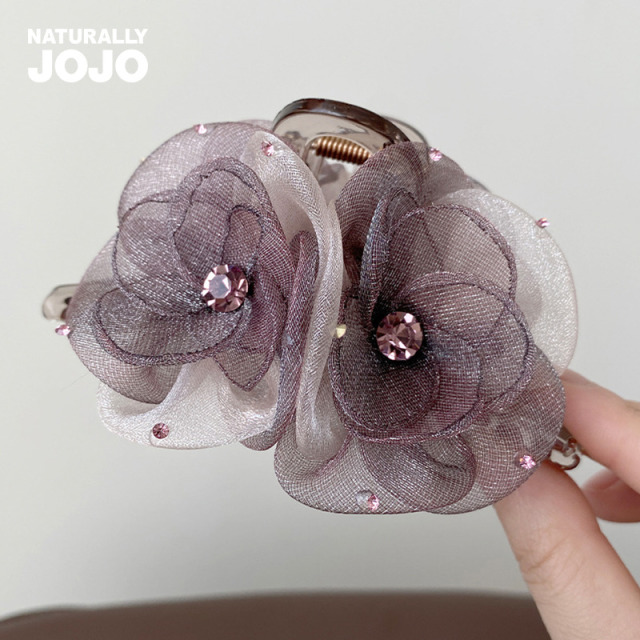 12982599.新款高级感网纱花朵抓夹女中号后脑勺半扎发鲨鱼夹鸭嘴夹发卡发饰