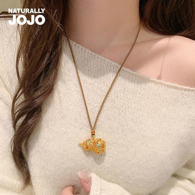 13008538.古法沙金金葫芦镂空雕花葫芦项链配饰女款秋冬长款毛衣链轻奢小众高级感