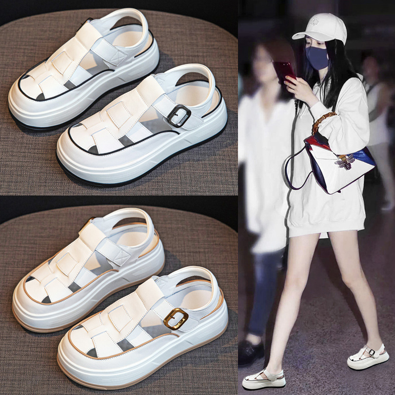 13687286.聚福鸟夏季新款罗马包头凉鞋女松糕厚底洞洞女鞋外穿休闲小白鞋凉鞋