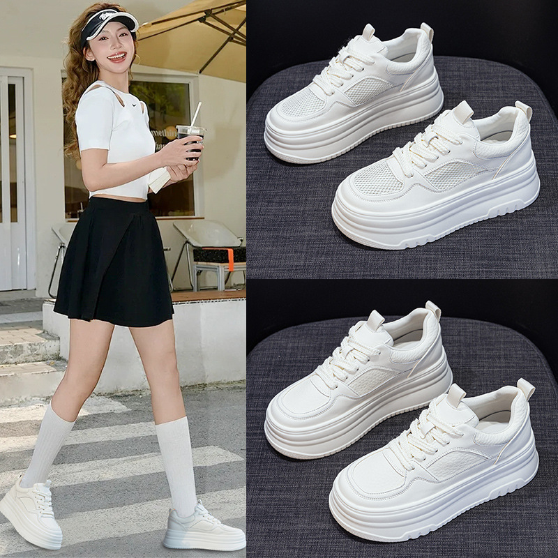 13687228.聚福鸟夏季新款厚底内增高小白鞋女网面透气女鞋轻便软底松糕鞋单鞋