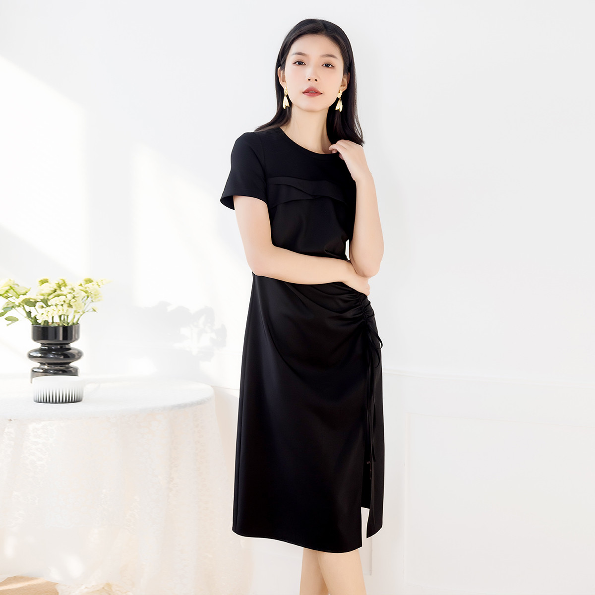 13446014.【专柜同款】【连衣裙】夏季设计感百搭拼接纯色中长款裙子女