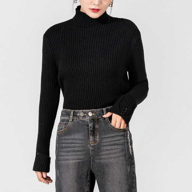 11096325.【专柜新品】半高领毛衣女秋冬慵懒风宽松侧开叉上衣时尚显瘦打底衫女
