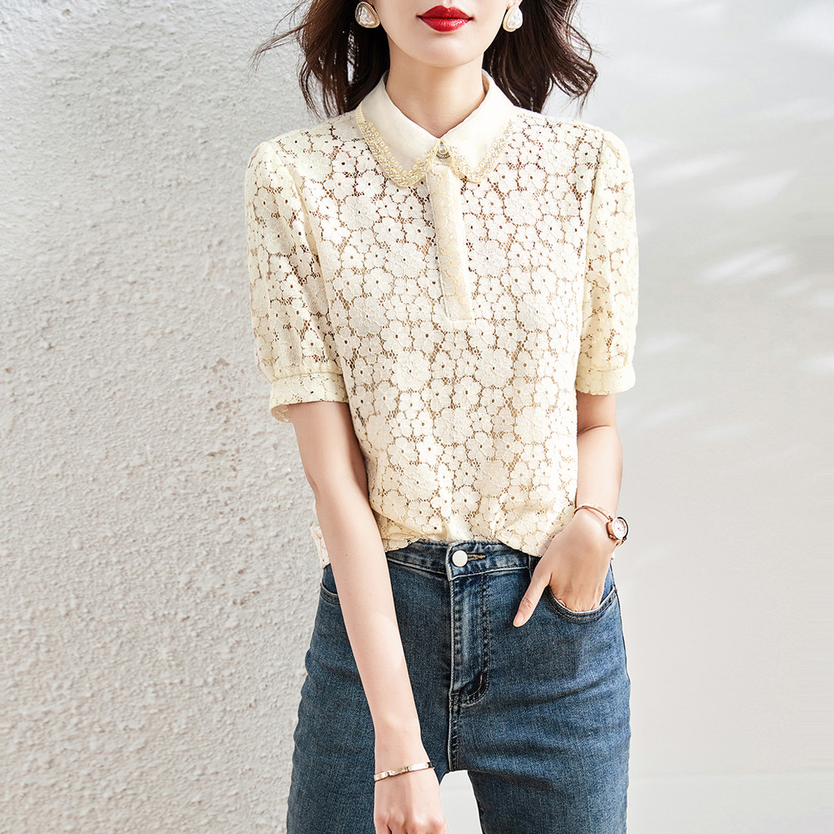6597272.德玛纳气质清新蕾丝上衣