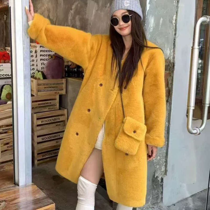 11537574.【口袋款】兽王女士时尚长款金貂绒仿皮草外套