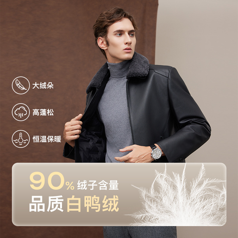8524687.【羊羔毛领可拆卸】兽王男士牛皮真皮羽绒服皮衣