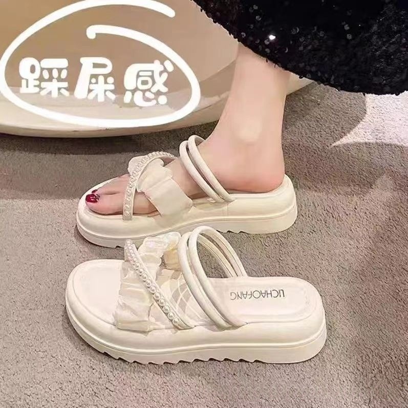 13605719.【厚底交叉带珍珠两穿拖鞋】一鞋两穿!不过时不挑人平底防滑软底百搭罗马凉拖鞋