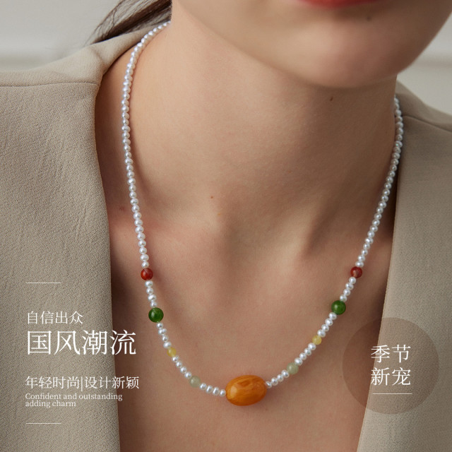 11499231.佰色传情S925银淡水珍珠小米珠琥珀国潮风项链锁骨链毛衣链