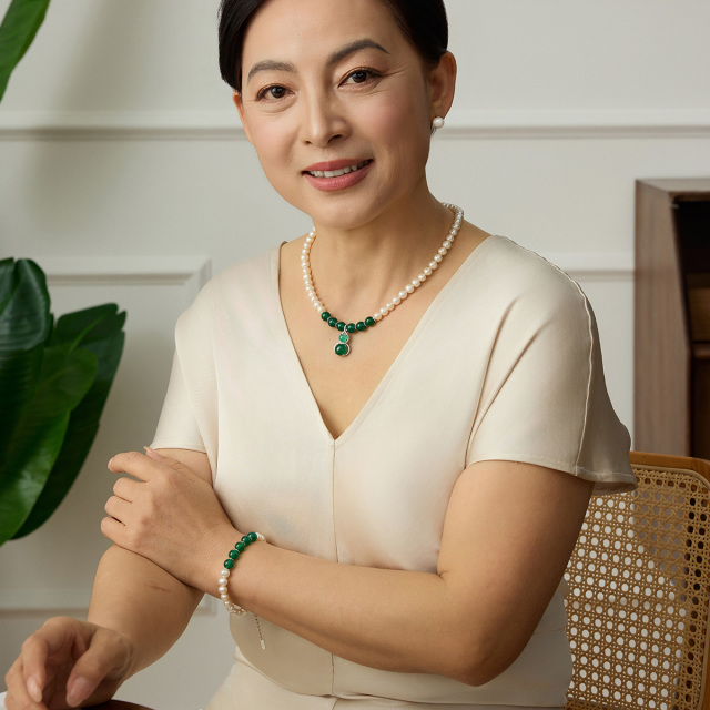 11915398.佰色传情淡水珍珠S925银玉髓吊坠项链送长辈妈妈婆婆母亲节礼物套装