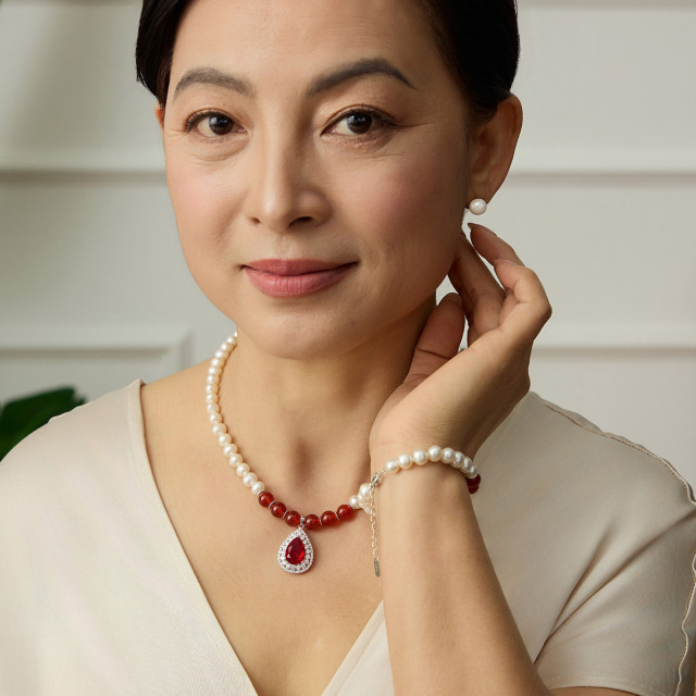 11915784.佰色传情S925银淡水珍珠优雅吊坠项链送长辈妈妈婆婆母亲节礼物套装