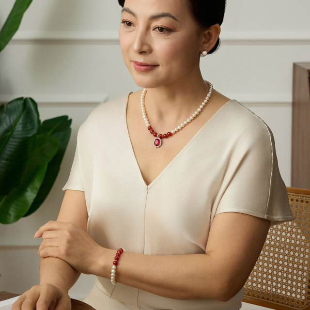 11915135.佰色传情淡水珍珠S925银优雅吊坠项链送长辈妈妈婆婆母亲节礼物套装