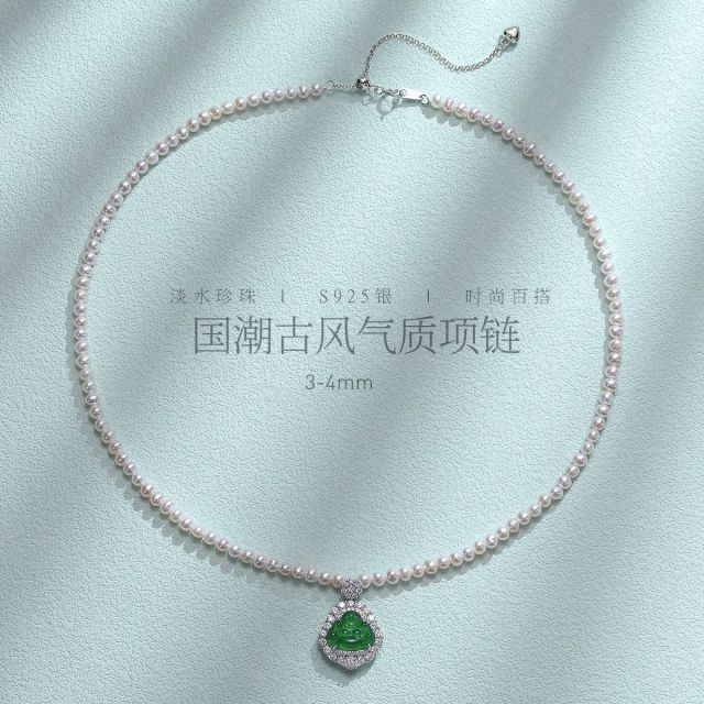 11960540.佰色传情3-4mm淡水珍珠S925银国潮古风小佛气质项链锁骨链