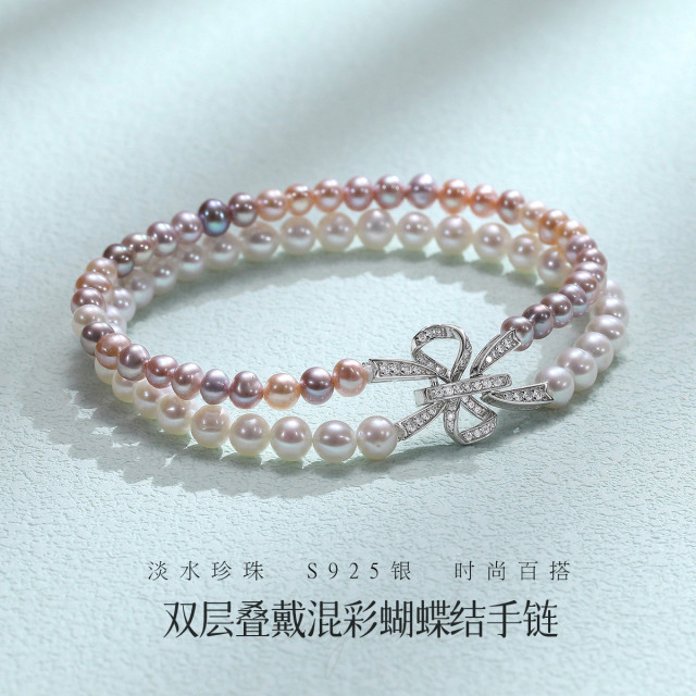 11960588.佰色传情淡水珍珠S925银双层叠戴混彩大小珠蝴蝶结手链手串腕链