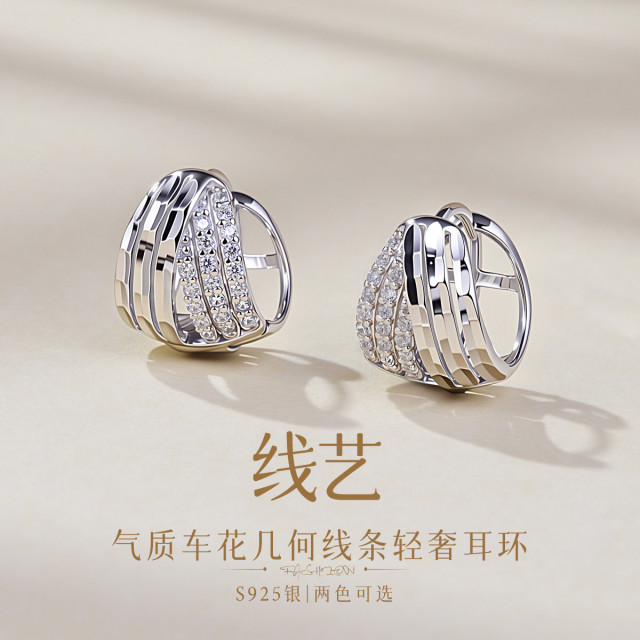 13120329.佰色传情【线艺】S925银气质车花几何线条轻奢耳环耳扣耳扣两色可选