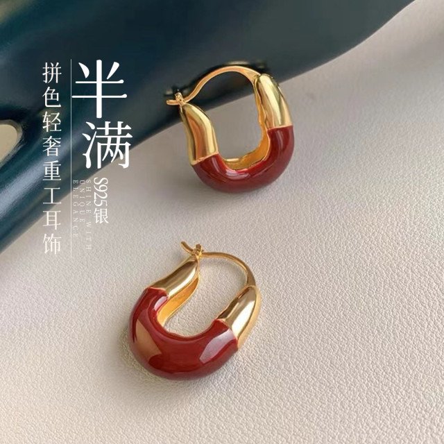 13086986.佰色传情【半满】S925银U形拼色轻奢重工设计气质新年耳扣耳环耳饰