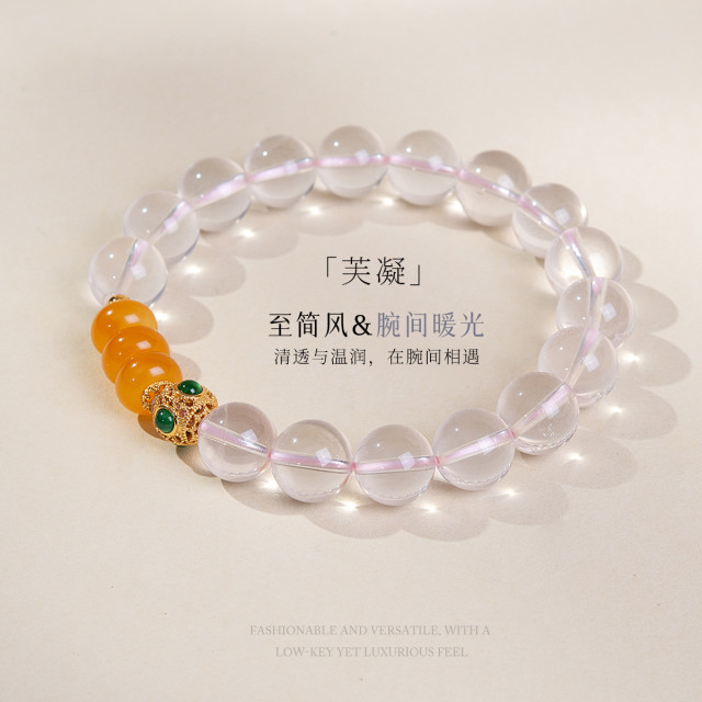 13512594.佰色传情S925银粉晶芙蓉石水晶琥珀蜜蜡圆珠轻奢手串手饰