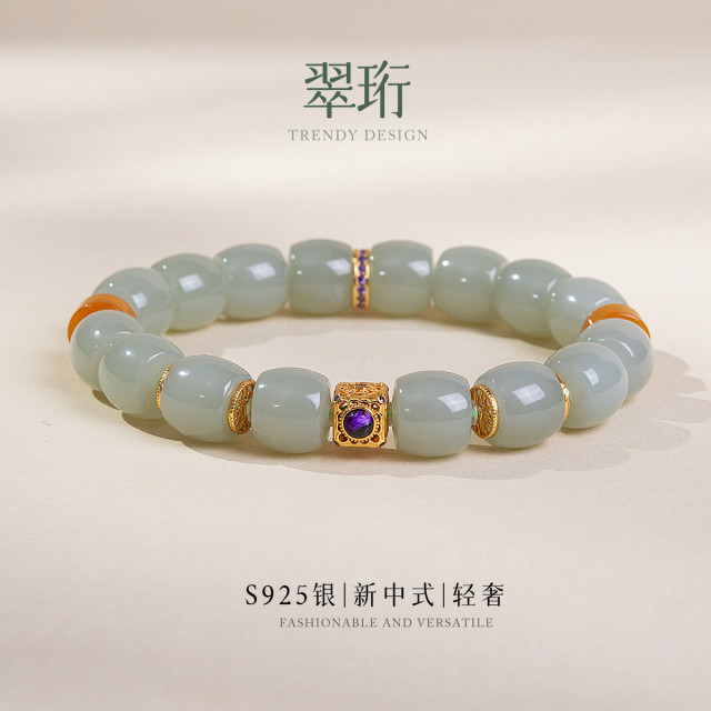 13512373.佰色传情S925银翡翠琥珀蜜蜡新中式撞色圆珠手串手饰手链