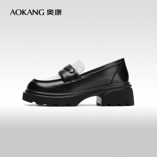 11694168.【舒适好穿】奥康AOKANG女鞋英伦风时尚厚底小皮鞋豆豆鞋