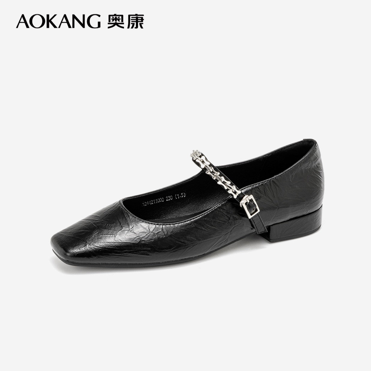 12227199.【舒适好穿】奥康女鞋 春秋季新款时尚方头银色玛丽珍单鞋浅口舒适休闲单鞋