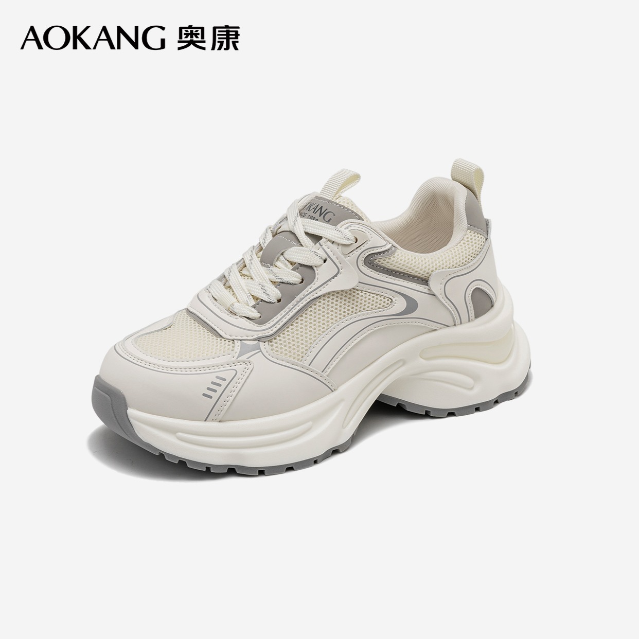 12252546.【舒适好穿】奥康女鞋 舒适复古网面透气运动休闲鞋百搭休闲老爹鞋女