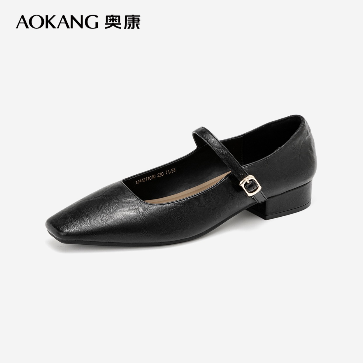 12251509.【舒适好穿】奥康女鞋 春秋季新款复古小方头一字带玛丽珍鞋优雅粗跟小皮鞋