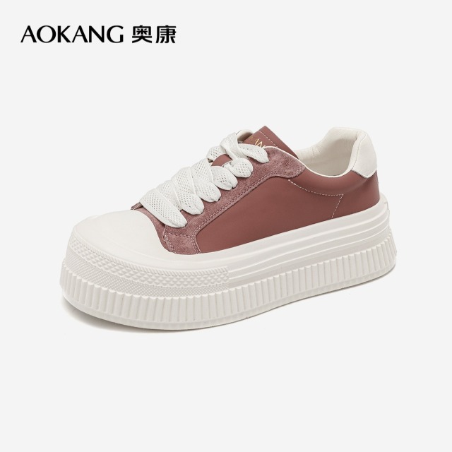 12258863.【舒适好穿】奥康女鞋秋季新款女款休闲百搭系带板鞋圆头小白鞋厚底爆款饼干鞋