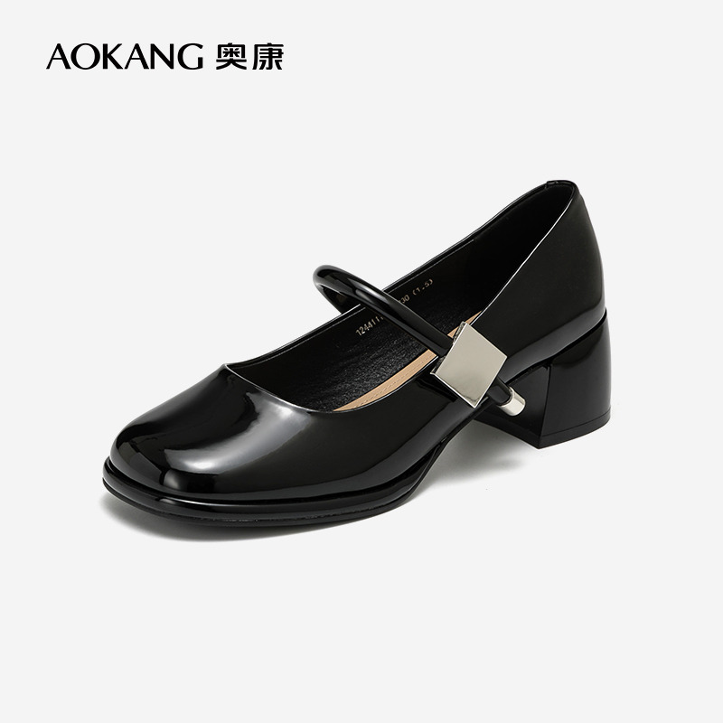 12259909.【舒适好穿】奥康女鞋春秋季新款法式甜美玛丽珍单鞋粗跟一字带浅口单鞋