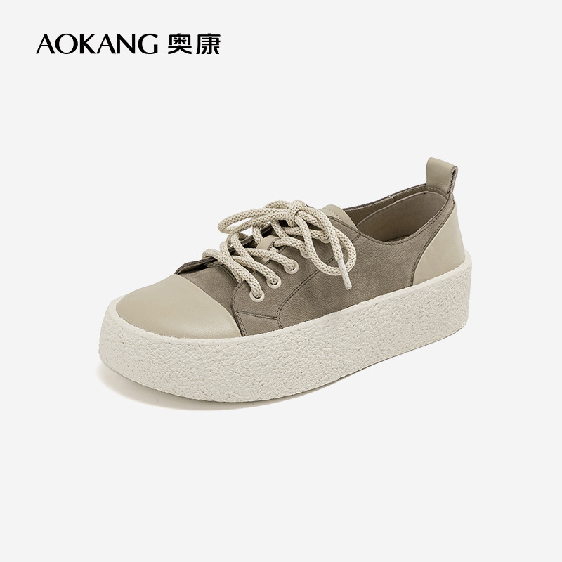 12266516.【头层牛皮】奥康女鞋 春秋季新款真皮半拖饼干鞋两穿薄款懒人一脚蹬系带板鞋