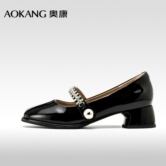 12266575.【舒适好穿】奥康女鞋 秋季新款珍珠一字带玛丽珍鞋甜美粗跟一脚蹬女通勤单鞋