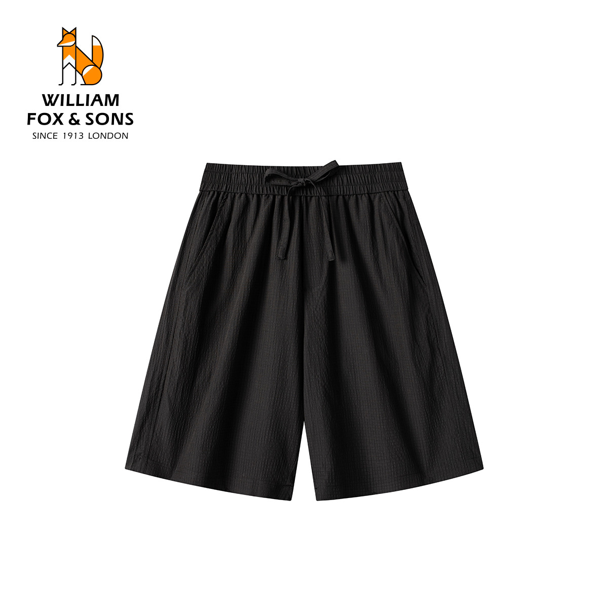 13376309.WILLIAM FOX&SONS 威廉福克斯 夏季新品暗格纹肌理感泡泡纱透气黑色抽绳休闲短裤