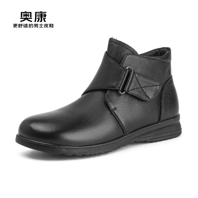 11501108.奥康女鞋冬季新款真皮加绒保暖女靴防滑妈妈短靴软底中老年舒适棉鞋