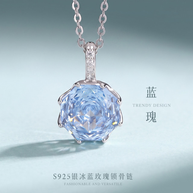 13767419.蓝瑰 S925银冰蓝玫瑰立体切工项链花朵女百搭通勤锁骨链