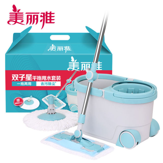 12347438.美丽雅(MARRYA)旋转带滚轮拖把双子星甩水地拖手压双驱动拖把桶拖布拖地桶甩水拖【双拖头款】