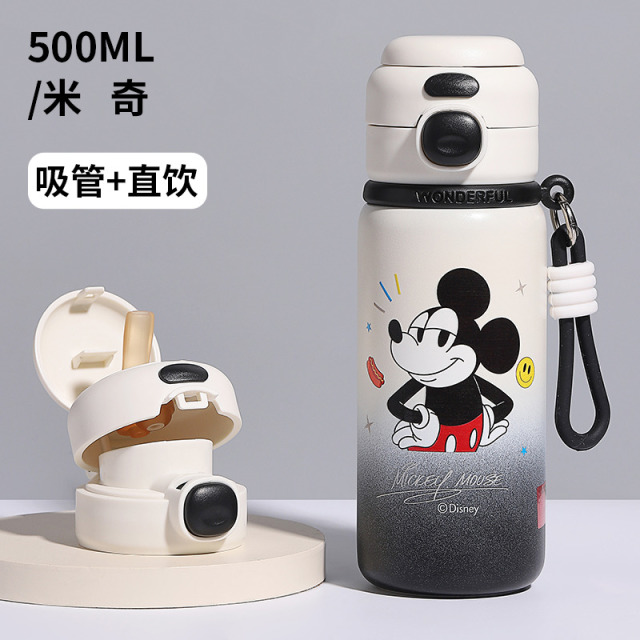 13725689.迪士尼316不锈钢500ML儿童保温杯316食品级小学生上学专用吸管水壶男女孩草莓熊