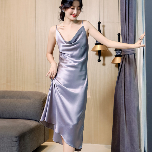 13681617.春夏荡领醋酸缎面连衣裙中长款高端缎面丝滑气质女神新款吊带长裙