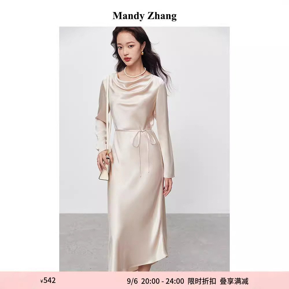 13679019.气质醋酸缎气质荡领长袖连衣裙女秋季新款法式轻奢内搭裙子