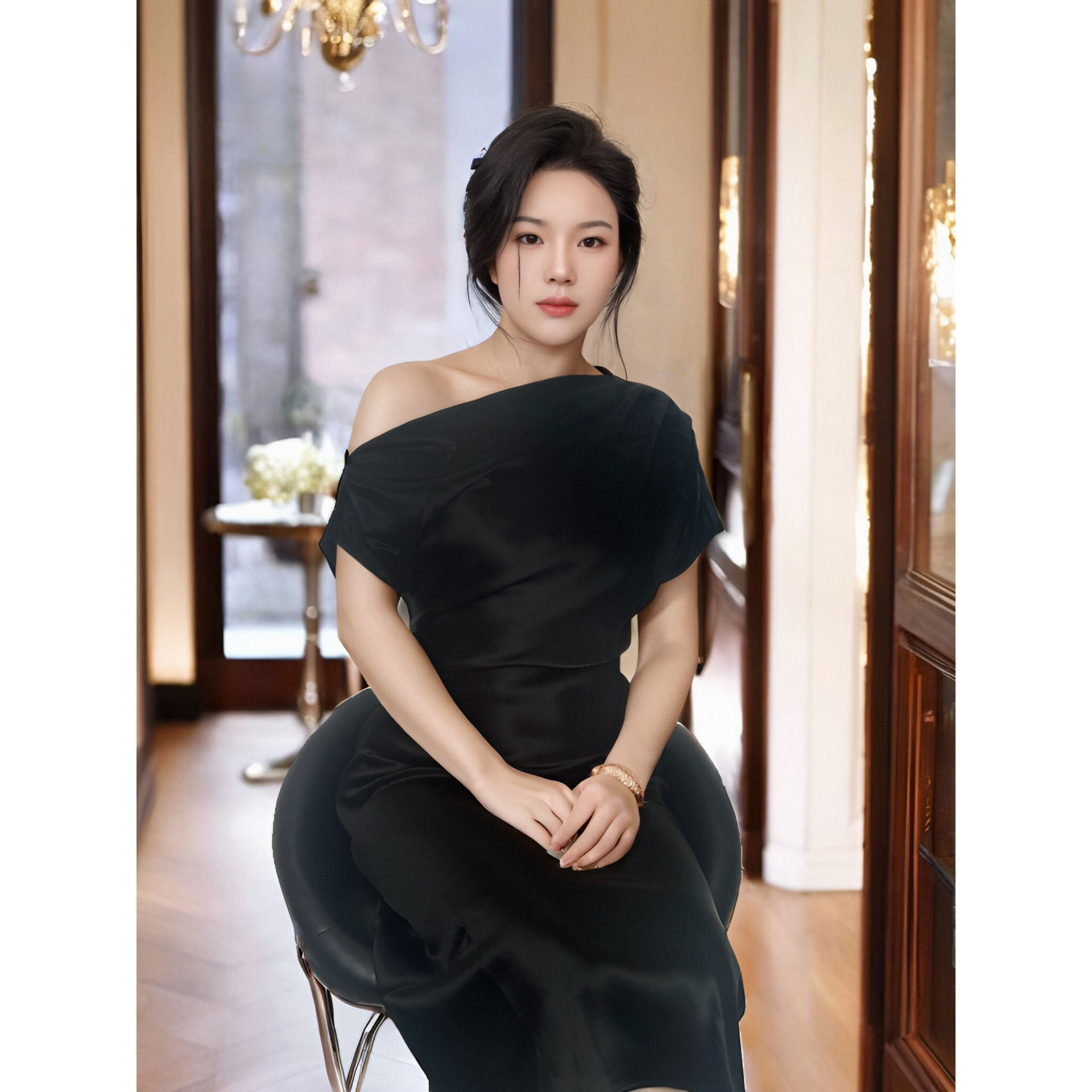 13682370.余书同款短袖斜肩连衣裙进口三醋酸纯色露肩连衣长裙长袖OL气质