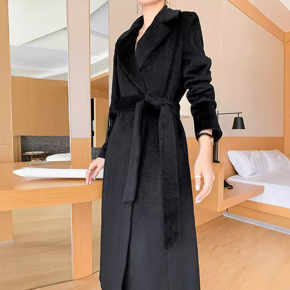13694701.黑色羊绒大衣女长款高品质加厚阿尔巴卡羊驼绒大衣毛呢外套