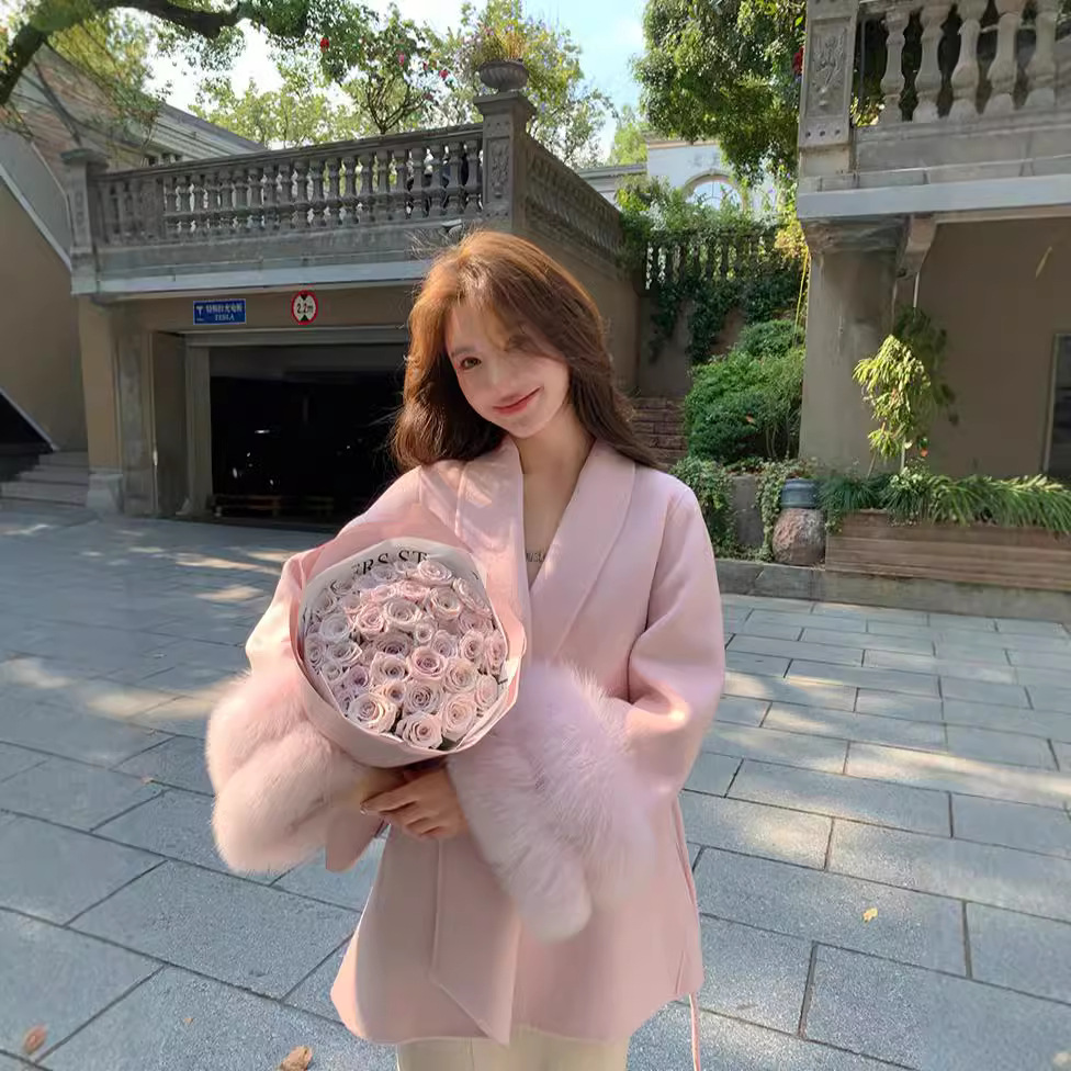 13727849.短款小个子狐狸毛皮双面羊毛大衣女中长款冬新系带斗篷羊毛呢外套