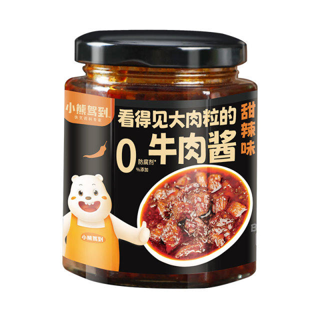 12705853.小熊驾到大肉粒牛肉酱甜辣味开盖即食劲道鲜辣酱200g/瓶