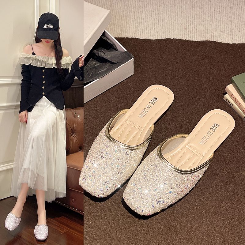 13427888.【亚莱芙】2026 新款彩片亮片包头半拖女 温柔风平底凉拖 闪亮外穿穆勒鞋
